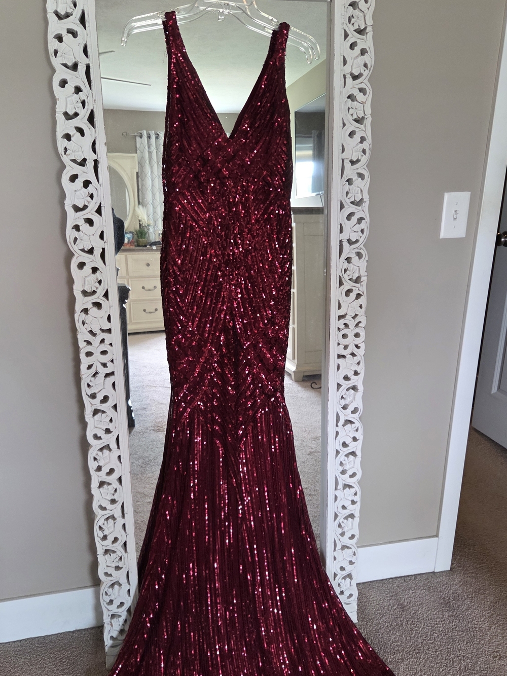 Sequin Burgundy V-Neck Mermaid Gown
